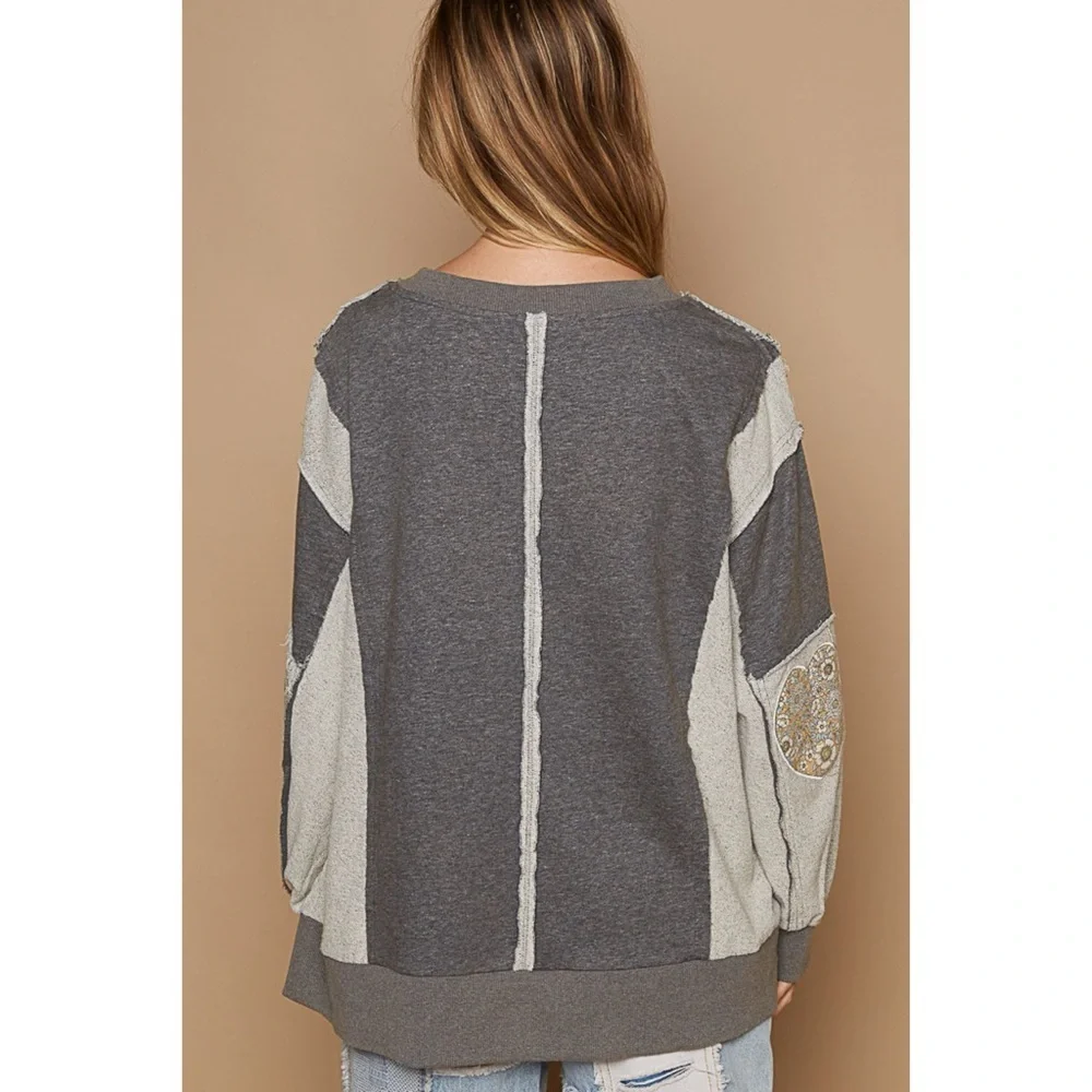 POL Charcoal Grey Graphic Sweatshirt | French Terry Color Block LOVE Pullover - Picture 4 of 6